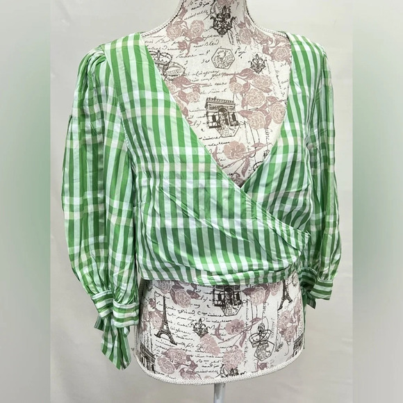 CINQ‎ A SEPT Green and white FLORA gingham surplice crop top size M - Picture 9 of 14